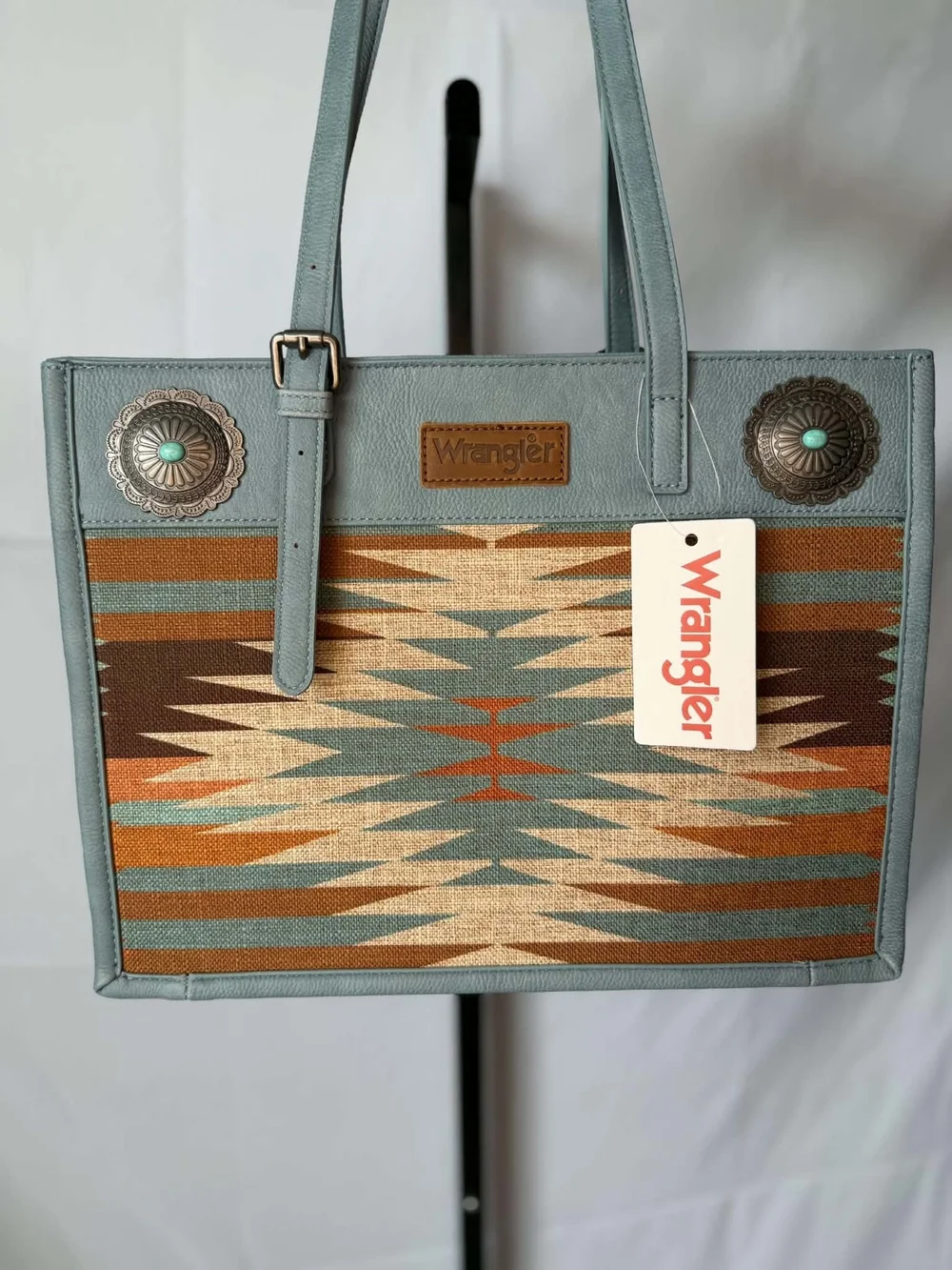 Wrangler Women’s Southwestern Pattern Tote Bag in Light Blue and Brown - Picture 1 of 7